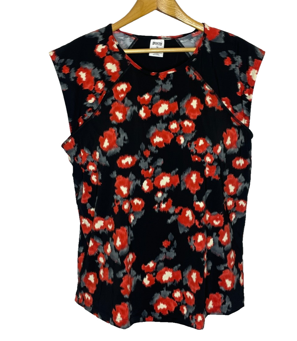 Women's 18 Duluth Trading Suit Up Swim Blouse Black Red Built In Bra Cap Sleeves